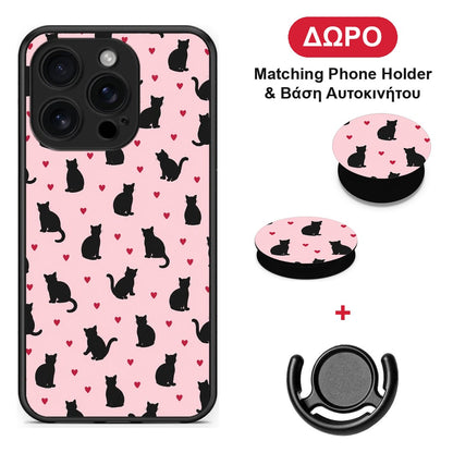 Black Cat Silhouettes and Hearts on Pink - iPhone 16 Pro θήκη + Δώρο Phone Holder & Βάση Αυτοκινήτου