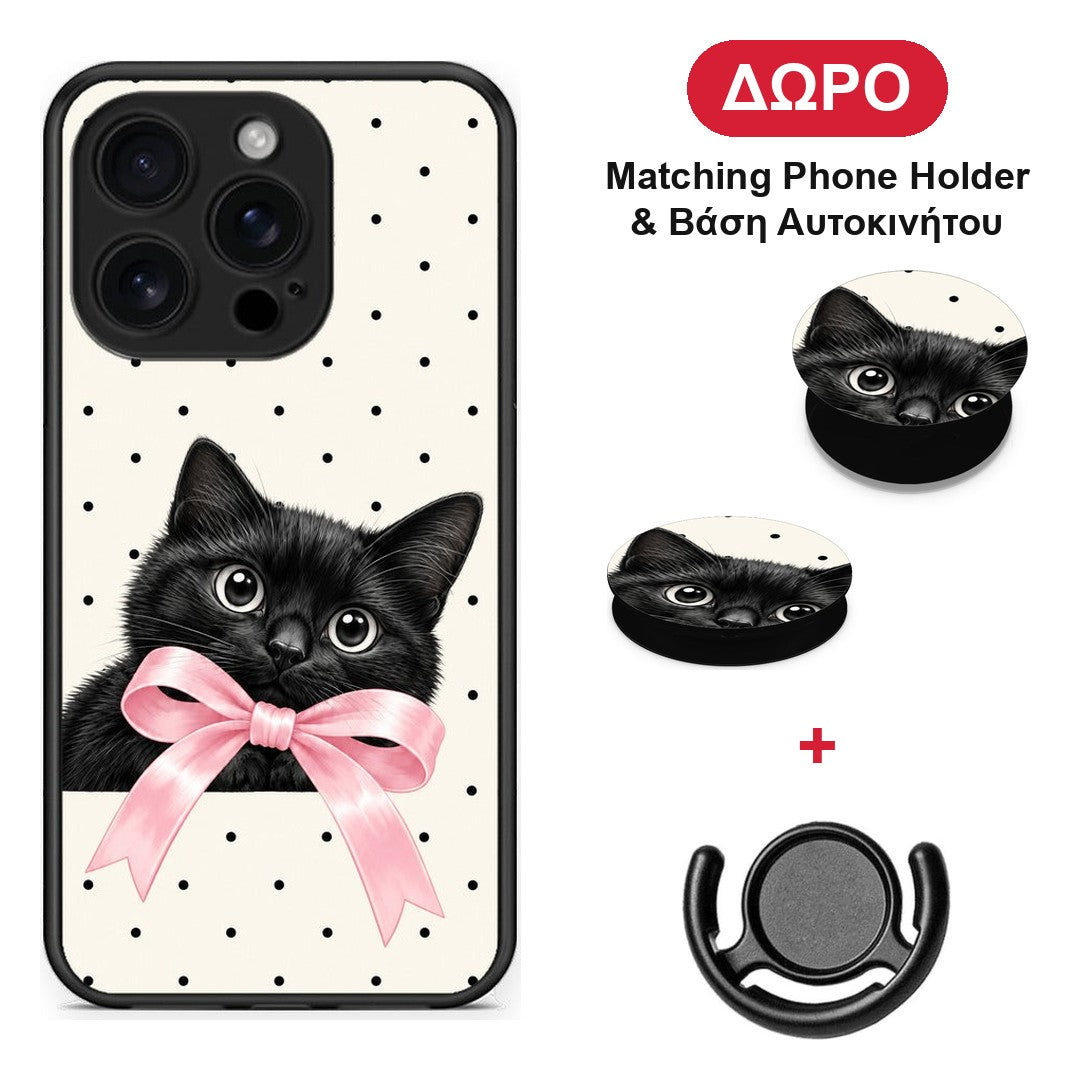 Black Kitten Pink Bow and Polka Dots - iPhone 16 Pro θήκη + Δώρο Phone Holder & Βάση Αυτοκινήτου