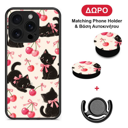 Black Kittens and Cherries on Cream - iPhone 16 Pro θήκη + Δώρο Phone Holder & Βάση Αυτοκινήτου
