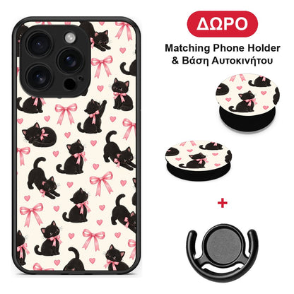 Black Kittens and Pink Bows on Cream Small - iPhone 16 Pro θήκη + Δώρο Phone Holder & Βάση Αυτοκινήτου