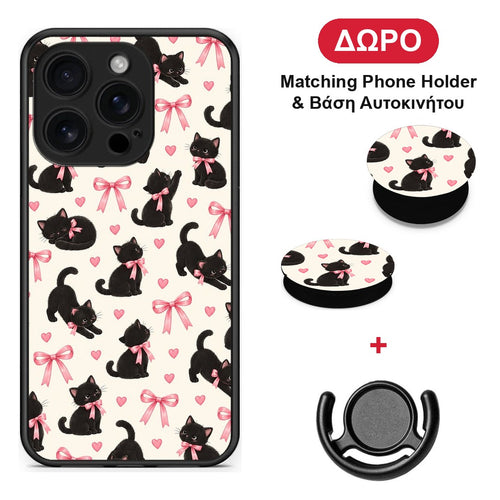 Black Kittens and Pink Bows on Cream Small - iPhone 16 Pro θήκη + Δώρο Phone Holder & Βάση Αυτοκινήτου