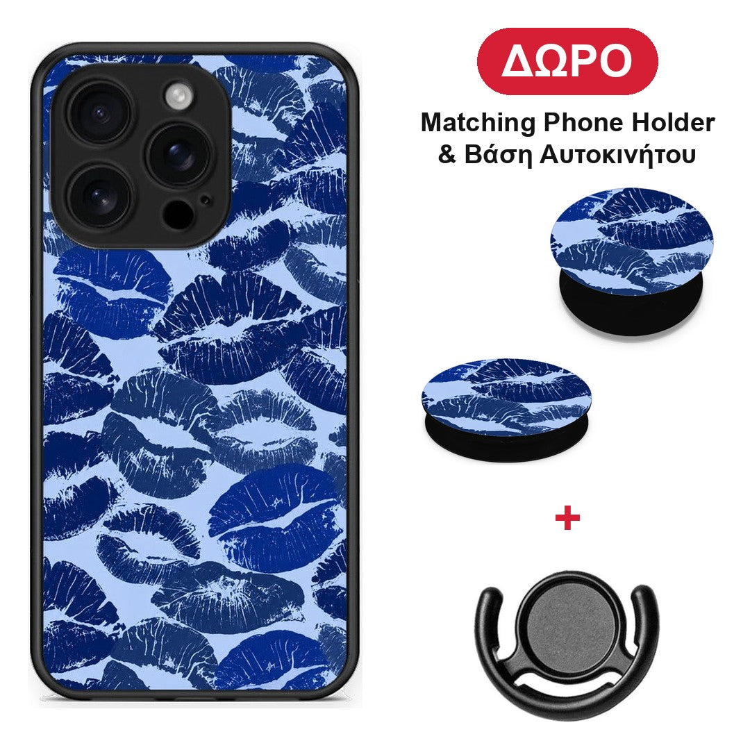 Blue Lipstick Kisses - iPhone 16 Pro θήκη + Δώρο Phone Holder & Βάση Αυτοκινήτου