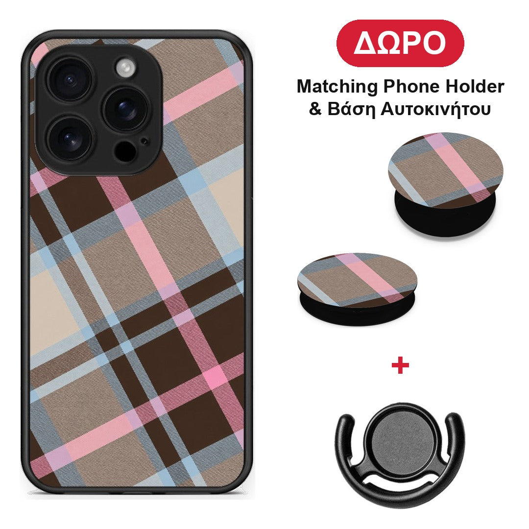 Brown Pink and Blue Diagonal Plaid - iPhone 16 Pro θήκη + Δώρο Phone Holder & Βάση Αυτοκινήτου