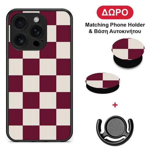 Burgundy and Cream Striped Checks - iPhone 16 Pro θήκη + Δώρο Phone Holder & Βάση Αυτοκινήτου