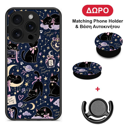Celestial Black Cats on Navy - iPhone 16 Pro θήκη + Δώρο Phone Holder & Βάση Αυτοκινήτου