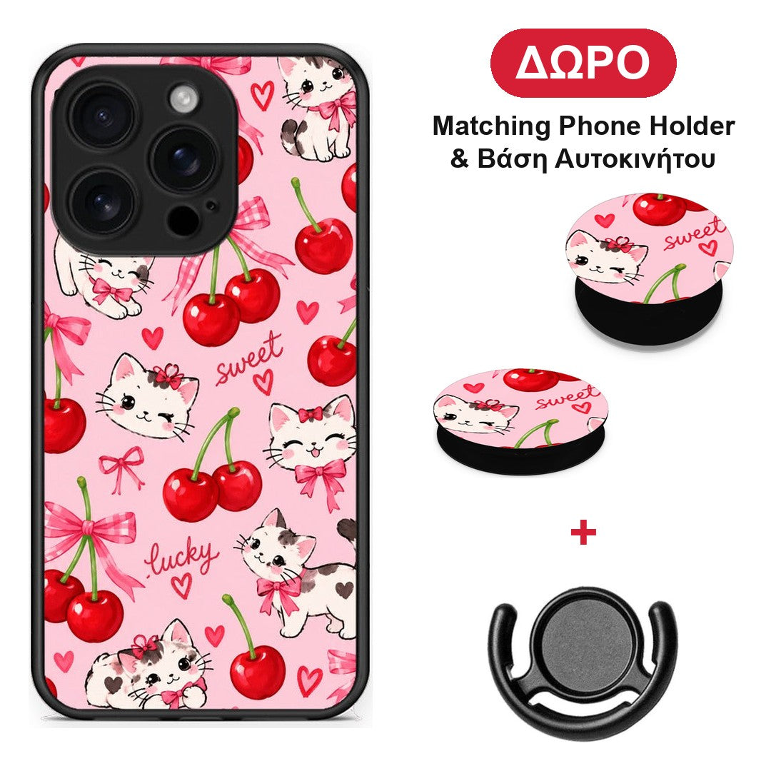 Cherries Bows and Kittens on Pink - iPhone 16 Pro θήκη + Δώρο Phone Holder & Βάση Αυτοκινήτου