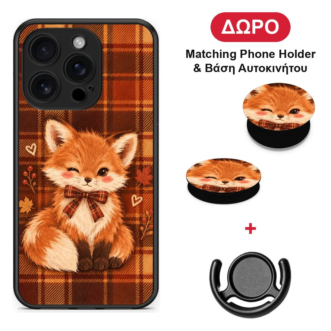 Fox on Autumn Tartan - iPhone 16 Pro θήκη + Δώρο Phone Holder & Βάση Αυτοκινήτου