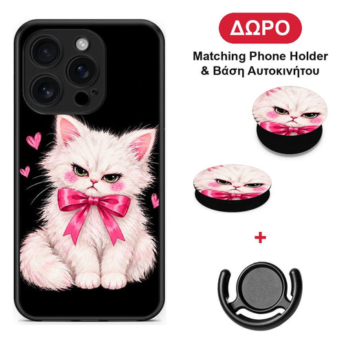 Grumpy Party Kitten on Black - iPhone 16 Pro θήκη + Δώρο Phone Holder & Βάση Αυτοκινήτου