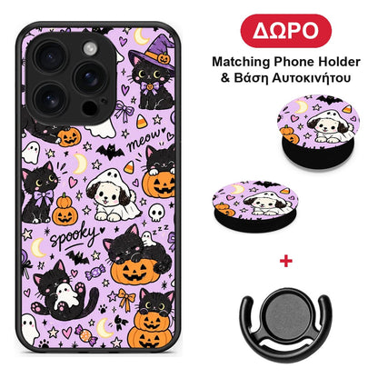 Halloween Black Cats on Lilac - iPhone 16 Pro θήκη + Δώρο Phone Holder & Βάση Αυτοκινήτου