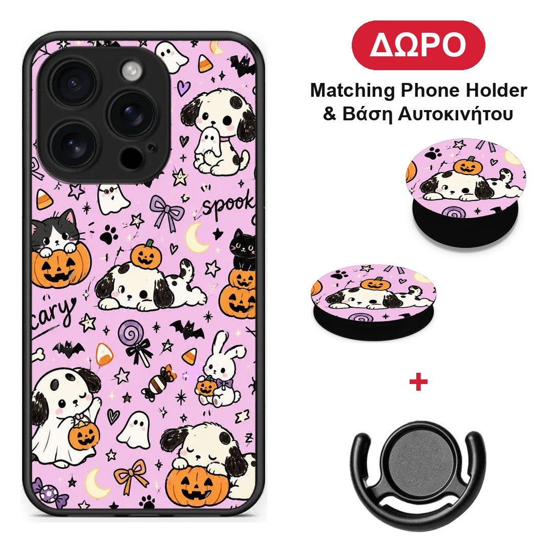 Halloween Puppies and Friends on Lilac - iPhone 16 Pro θήκη + Δώρο Phone Holder & Βάση Αυτοκινήτου