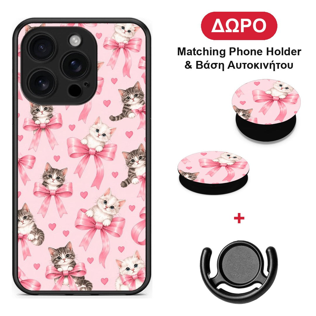 Kittens and Pink Bows on Pink - iPhone 16 Pro θήκη + Δώρο Phone Holder & Βάση Αυτοκινήτου