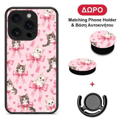 Kittens and Pink Bows on Pink - iPhone 16 Pro θήκη + Δώρο Phone Holder & Βάση Αυτοκινήτου