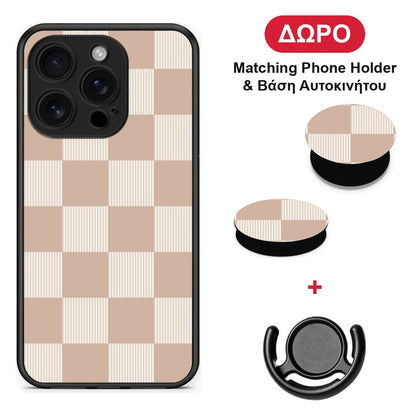 Latte and Cream Striped Checks - iPhone 16 Pro θήκη + Δώρο Phone Holder & Βάση Αυτοκινήτου