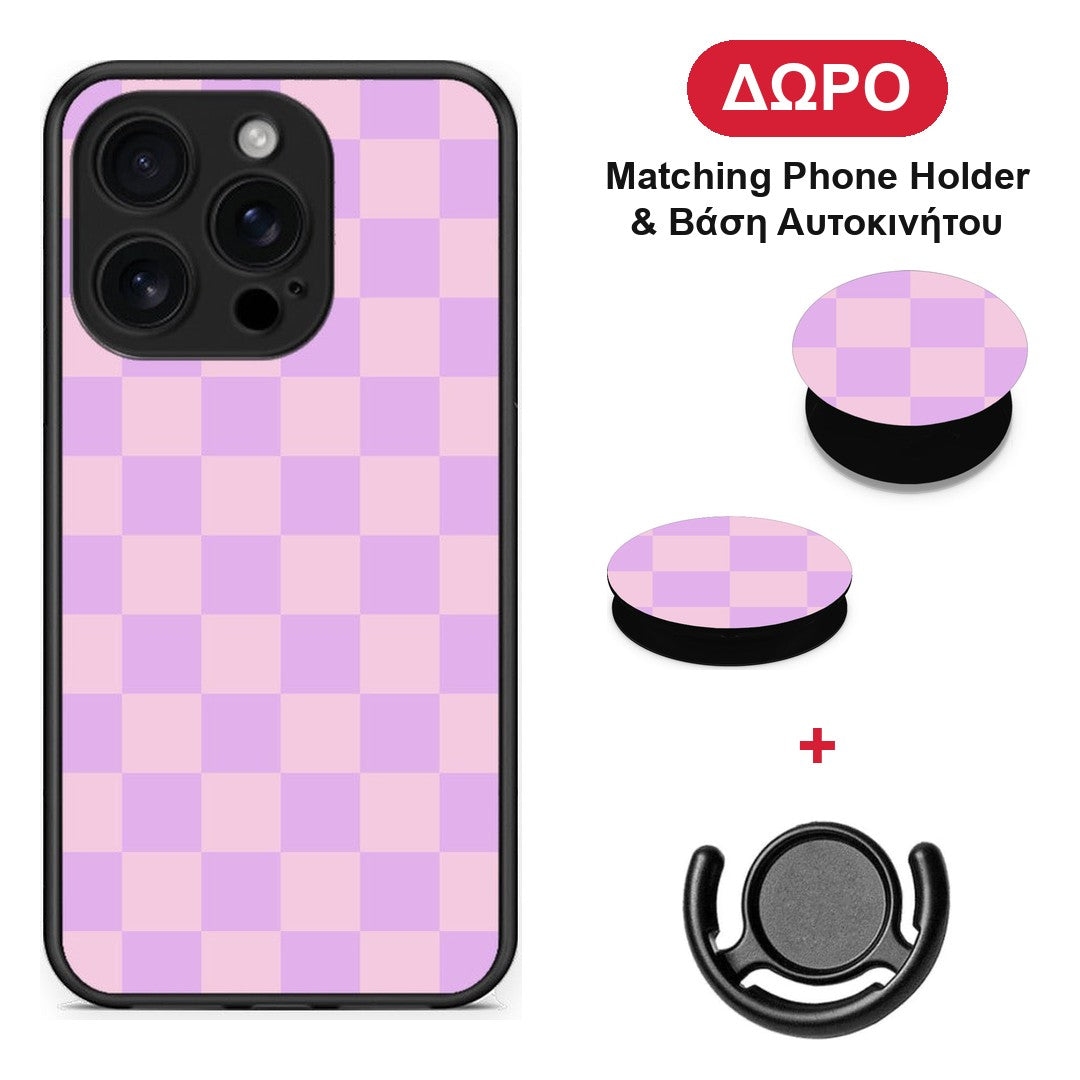 Lavender and Pink Checkerboard - iPhone 16 Pro θήκη + Δώρο Phone Holder & Βάση Αυτοκινήτου