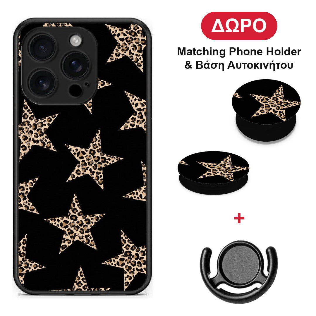 Leopard Stars on Black - iPhone 16 Pro θήκη + Δώρο Phone Holder & Βάση Αυτοκινήτου