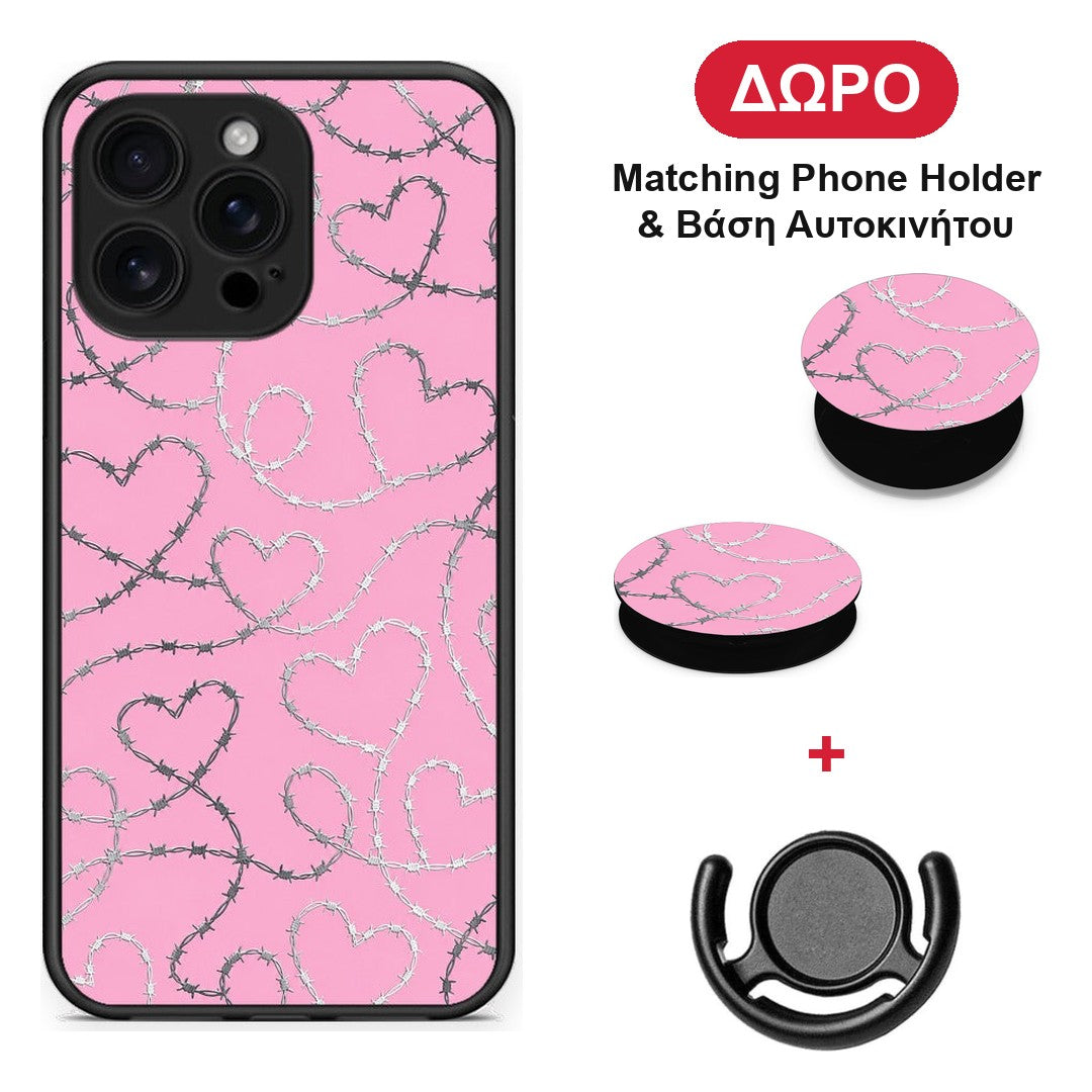 Barbed Wire Hearts on Pink - iPhone 16 Pro Max θήκη + Δώρο Phone Holder & Βάση Αυτοκινήτου