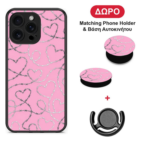 Barbed Wire Hearts on Pink - iPhone 16 Pro Max θήκη + Δώρο Phone Holder & Βάση Αυτοκινήτου