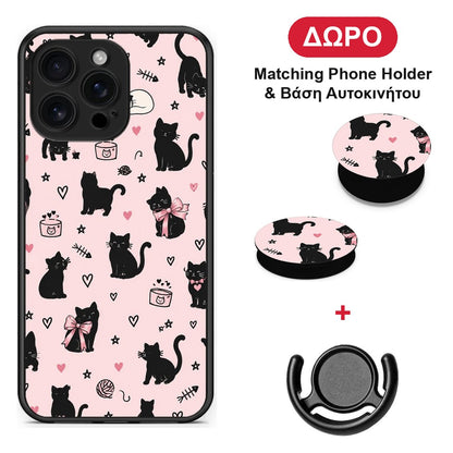 Black Cat Doodles on Pink - iPhone 16 Pro Max θήκη + Δώρο Phone Holder & Βάση Αυτοκινήτου