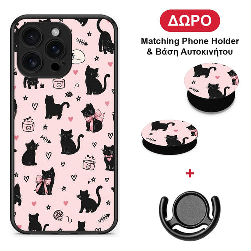 Black Cat Doodles on Pink - iPhone 16 Pro Max θήκη + Δώρο Phone Holder & Βάση Αυτοκινήτου