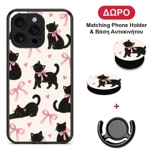 Black Kittens and Pink Bows on Cream Large - iPhone 16 Pro Max θήκη + Δώρο Phone Holder & Βάση Αυτοκινήτου