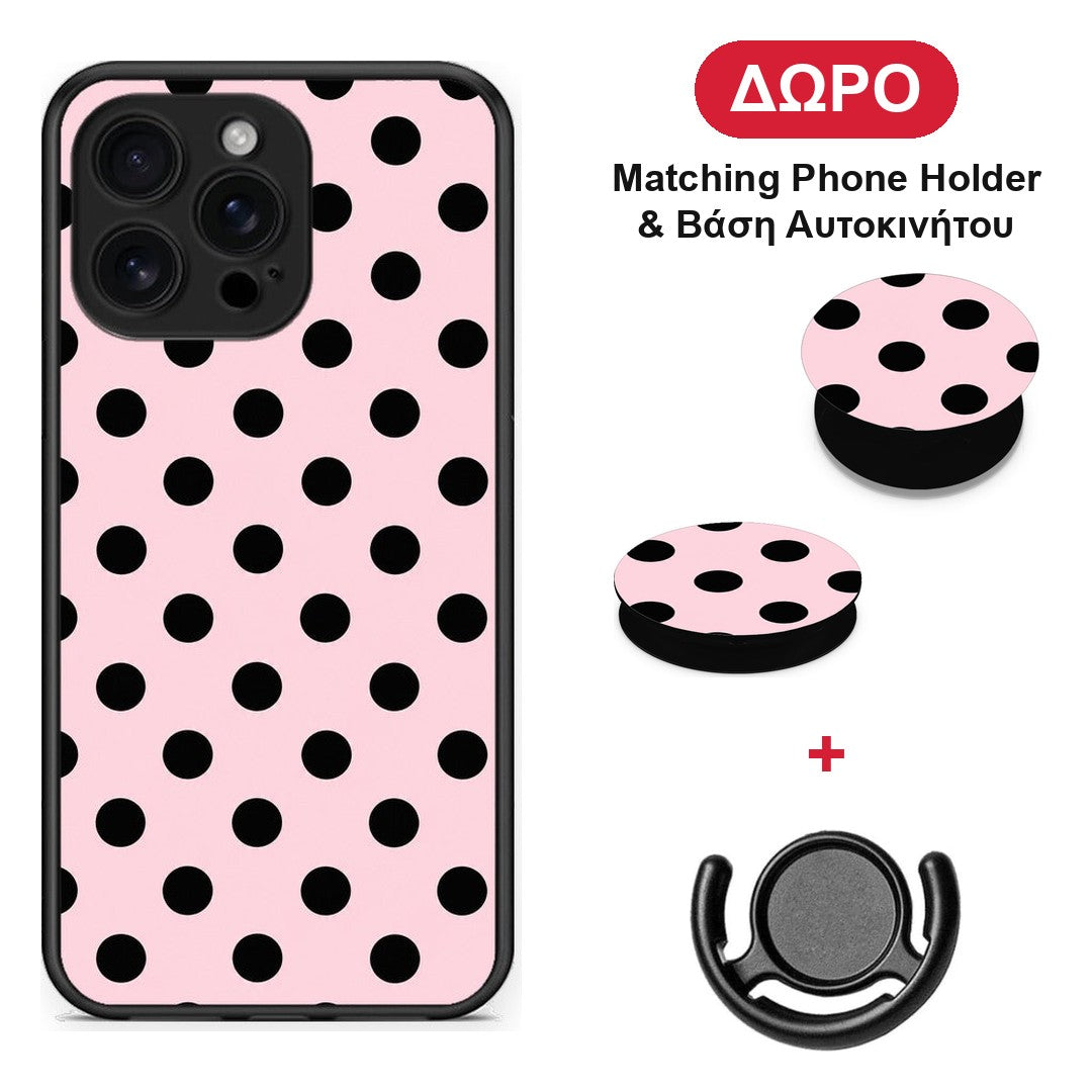 Black Polka Dots on Pink - iPhone 16 Pro Max θήκη + Δώρο Phone Holder & Βάση Αυτοκινήτου
