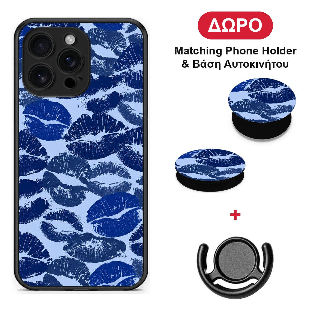 Blue Lipstick Kisses - iPhone 16 Pro Max θήκη + Δώρο Phone Holder & Βάση Αυτοκινήτου