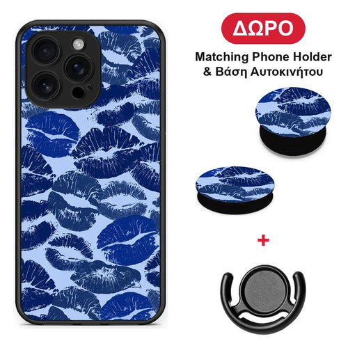 Blue Lipstick Kisses - iPhone 16 Pro Max θήκη + Δώρο Phone Holder & Βάση Αυτοκινήτου