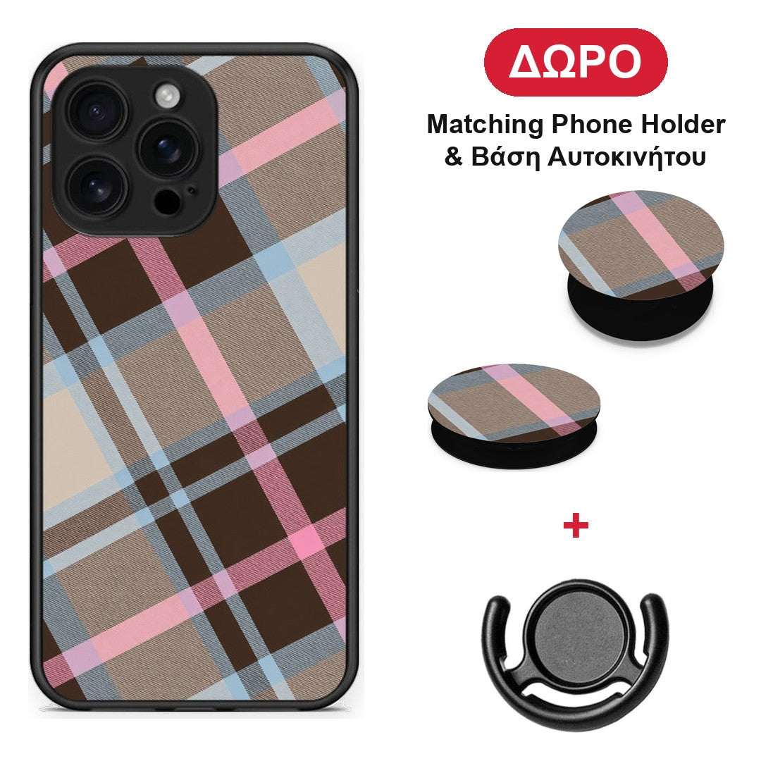 Brown Pink and Blue Diagonal Plaid - iPhone 16 Pro Max θήκη + Δώρο Phone Holder & Βάση Αυτοκινήτου