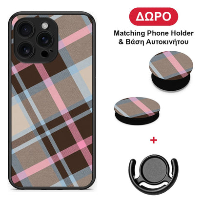 Brown Pink and Blue Diagonal Plaid - iPhone 16 Pro Max θήκη + Δώρο Phone Holder & Βάση Αυτοκινήτου
