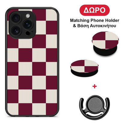 Burgundy and Cream Striped Checks - iPhone 16 Pro Max θήκη + Δώρο Phone Holder & Βάση Αυτοκινήτου