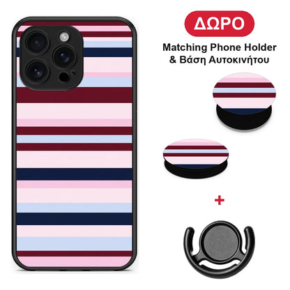 Burgundy Pink and Blue Horizontal Stripes - iPhone 16 Pro Max θήκη + Δώρο Phone Holder & Βάση Αυτοκινήτου