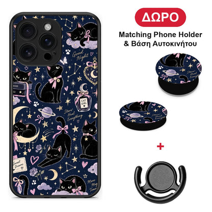 Celestial Black Cats on Navy - iPhone 16 Pro Max θήκη + Δώρο Phone Holder & Βάση Αυτοκινήτου