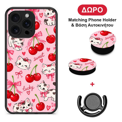 Cherries Bows and Kittens on Pink - iPhone 16 Pro Max θήκη + Δώρο Phone Holder & Βάση Αυτοκινήτου
