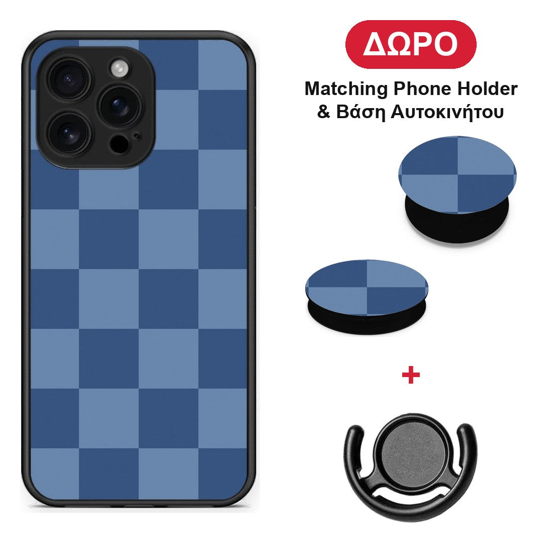 Denim Blue Checkerboard - iPhone 16 Pro Max θήκη + Δώρο Phone Holder & Βάση Αυτοκινήτου