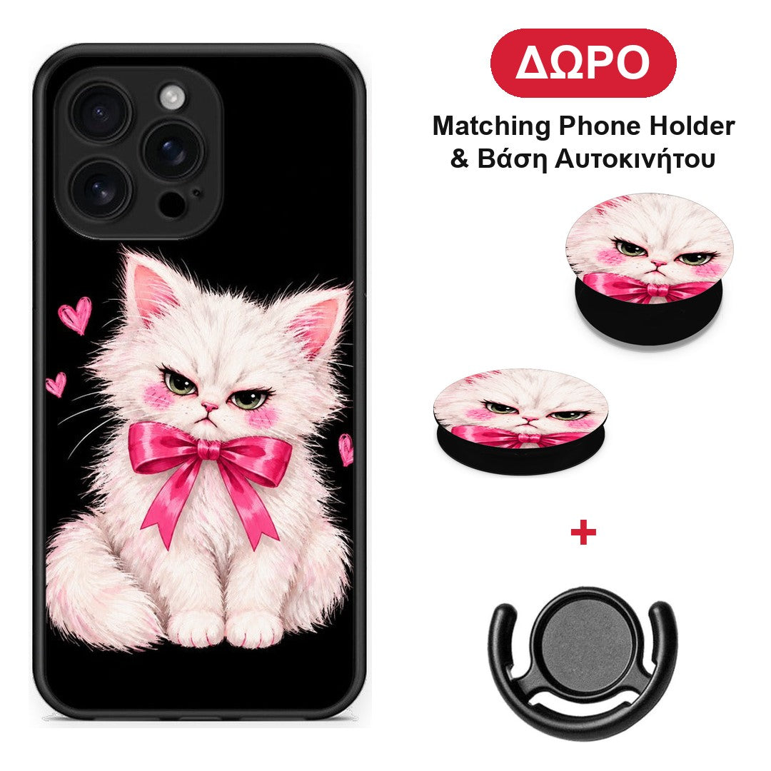 Grumpy Party Kitten on Black - iPhone 16 Pro Max θήκη + Δώρο Phone Holder & Βάση Αυτοκινήτου