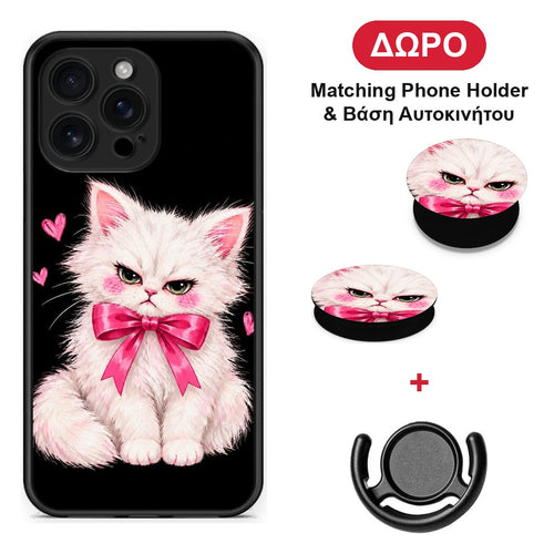 Grumpy Party Kitten on Black - iPhone 16 Pro Max θήκη + Δώρο Phone Holder & Βάση Αυτοκινήτου