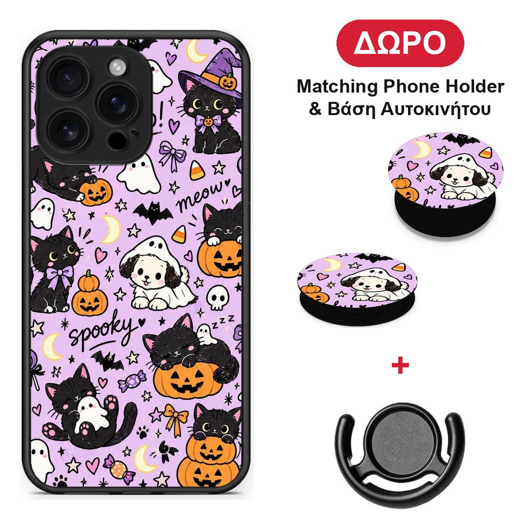 Halloween Black Cats on Lilac - iPhone 16 Pro Max θήκη + Δώρο Phone Holder & Βάση Αυτοκινήτου