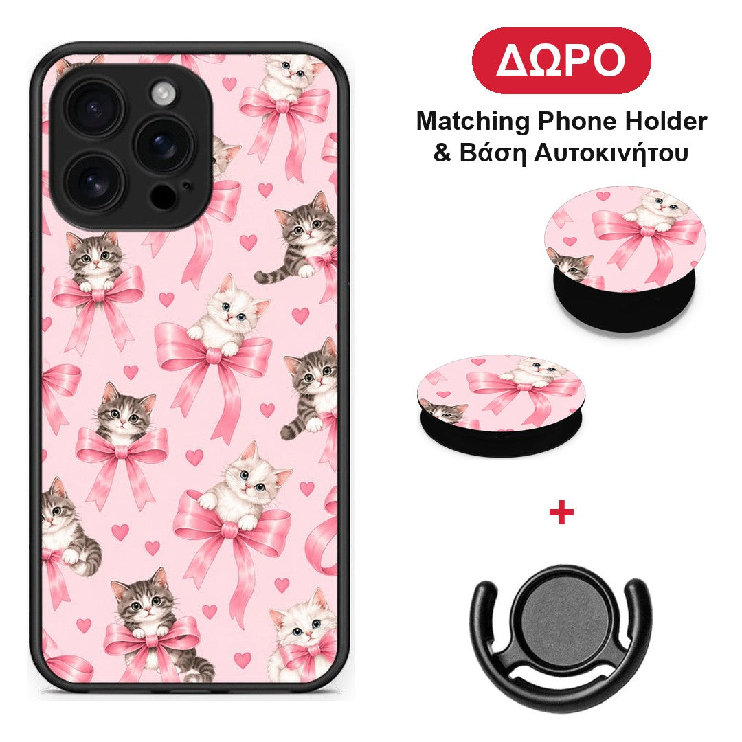 Kittens and Pink Bows on Pink - iPhone 16 Pro Max θήκη + Δώρο Phone Holder & Βάση Αυτοκινήτου