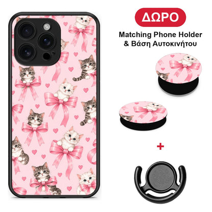 Kittens and Pink Bows on Pink - iPhone 16 Pro Max θήκη + Δώρο Phone Holder & Βάση Αυτοκινήτου