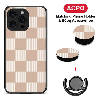 Latte and Cream Striped Checks - iPhone 16 Pro Max θήκη + Δώρο Phone Holder & Βάση Αυτοκινήτου