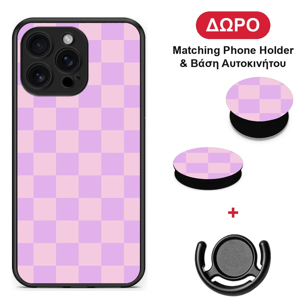 Lavender and Pink Checkerboard - iPhone 16 Pro Max θήκη + Δώρο Phone Holder & Βάση Αυτοκινήτου