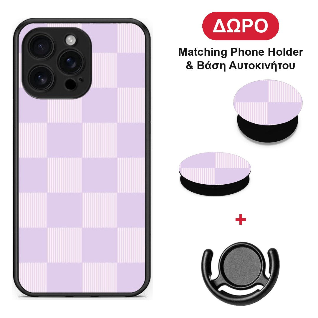 Lilac and Cream Striped Checks - iPhone 16 Pro Max θήκη + Δώρο Phone Holder & Βάση Αυτοκινήτου