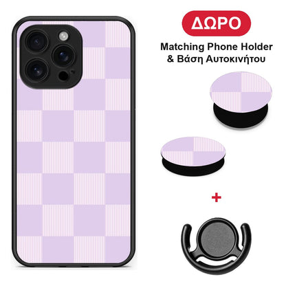 Lilac and Cream Striped Checks - iPhone 16 Pro Max θήκη + Δώρο Phone Holder & Βάση Αυτοκινήτου