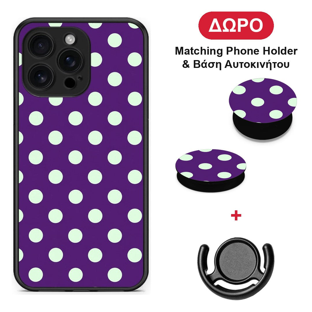 Mint Polka Dots on Purple - iPhone 16 Pro Max θήκη + Δώρο Phone Holder & Βάση Αυτοκινήτου