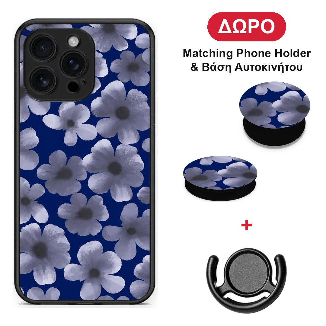 Pale Blue Flowers on Navy - iPhone 16 Pro Max θήκη + Δώρο Phone Holder & Βάση Αυτοκινήτου