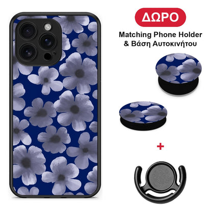 Pale Blue Flowers on Navy - iPhone 16 Pro Max θήκη + Δώρο Phone Holder & Βάση Αυτοκινήτου