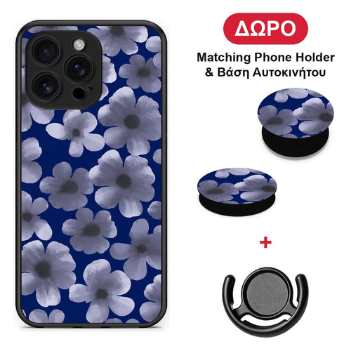 Pale Blue Flowers on Navy - iPhone 16 Pro Max θήκη + Δώρο Phone Holder & Βάση Αυτοκινήτου