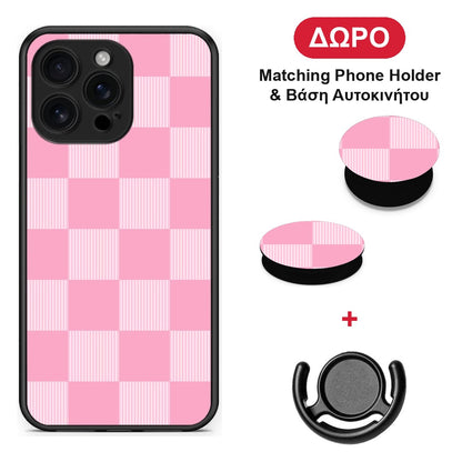 Pink and White Striped Checks - iPhone 16 Pro Max θήκη + Δώρο Phone Holder & Βάση Αυτοκινήτου