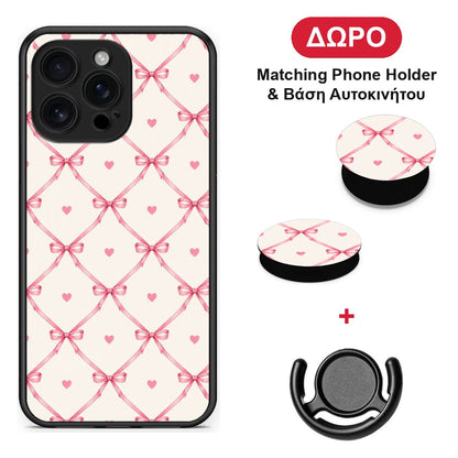 Pink Bow Lattice and Hearts on Cream - iPhone 16 Pro Max θήκη + Δώρο Phone Holder & Βάση Αυτοκινήτου