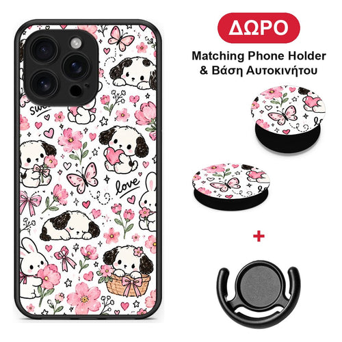 Pink Florals Puppies and Bunnies on White - iPhone 16 Pro Max θήκη + Δώρο Phone Holder & Βάση Αυτοκινήτου